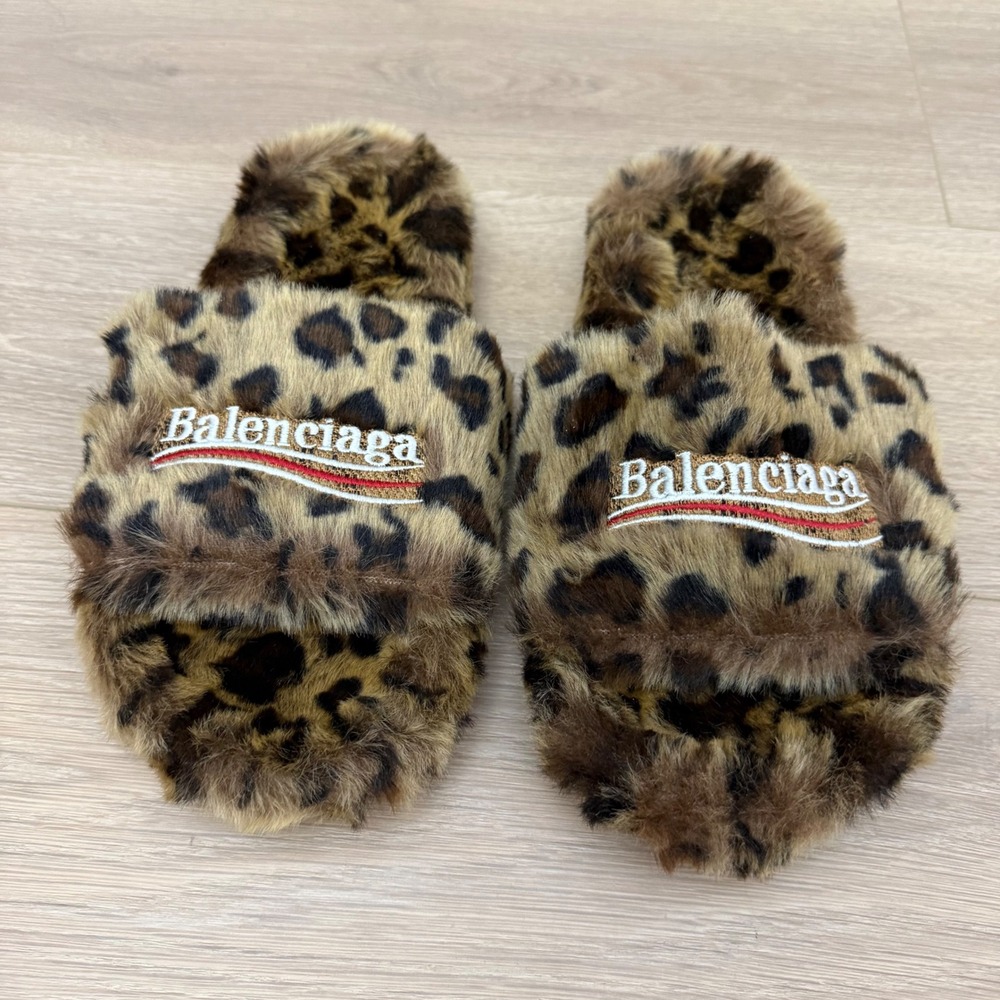 Balenciaga Furry Slide Sandals Leopard Print Faux Fur Campaign Logo Brown EU 42 - Picture 2 of 4